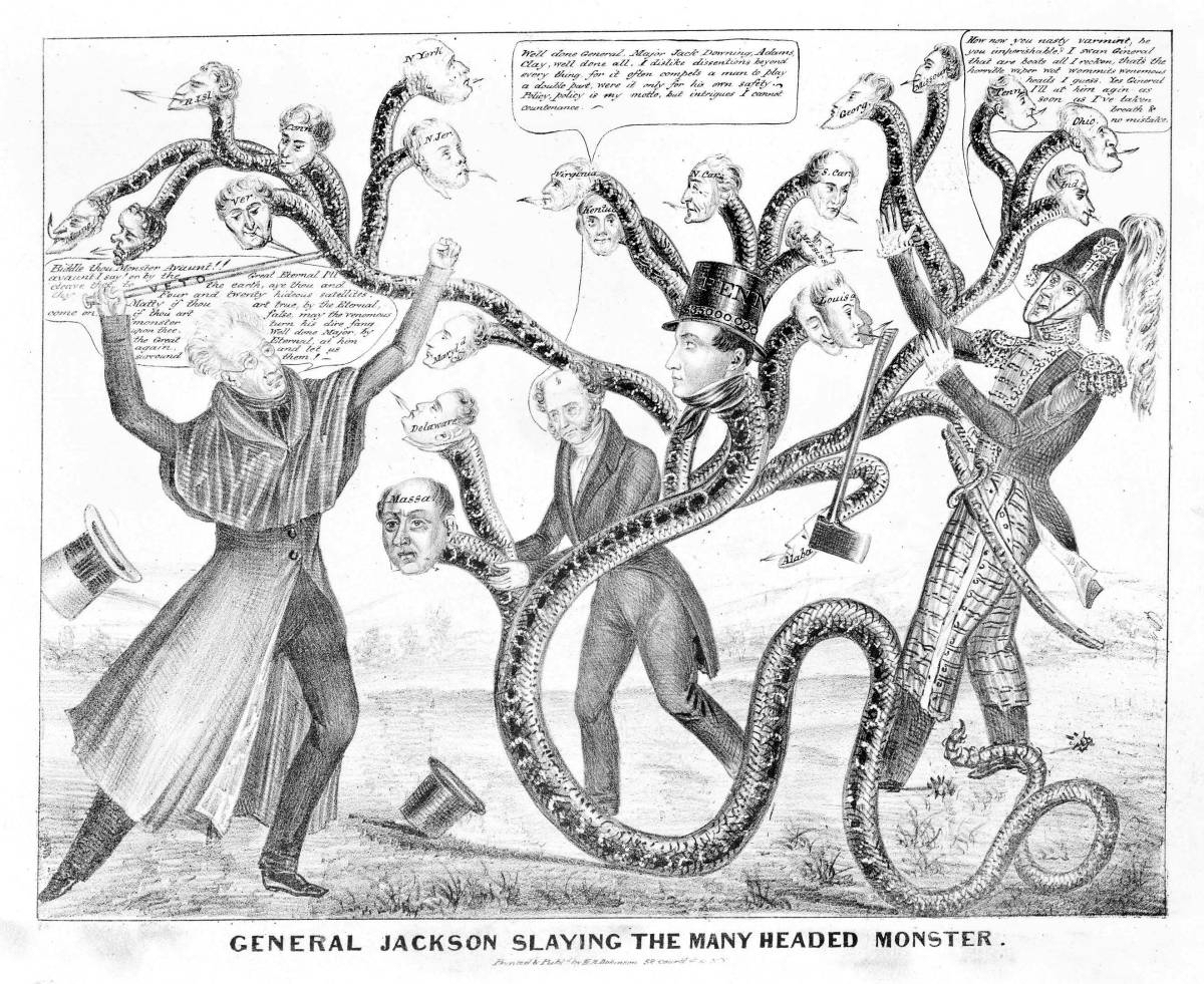 Andy Jackson, Martin Van Buren, and Jack Downing struggle against the Biddle bank & its state supporters