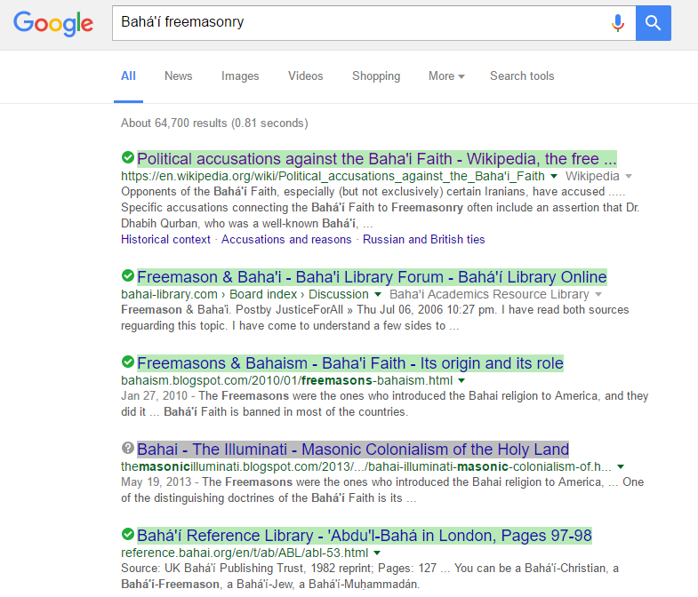 google search accusations Bahá'í freemasonry
